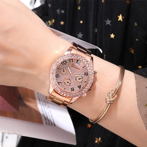 Rose gold Geneva women's watch featuring a crystal-studded dial with a gold knot bracelet