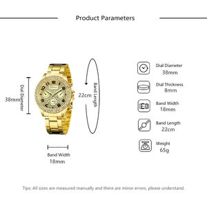 Detailed dimensions of gold quartz watch featuring rhinestone bezel and 38mm dial size