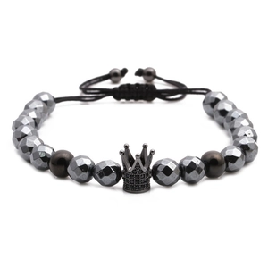 Men's hematite crown bracelet with faceted gray beads and adjustable woven cord