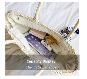 Internal view of straw woven bag showing large capacity for tablet and cosmetics