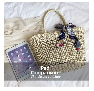Detail of straw tote bag with mesh weave, blue polka dot scarf and iPad for scale
