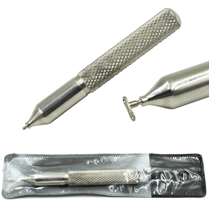 Silver metal dermal piercing tool with knurled handle and protective storage case