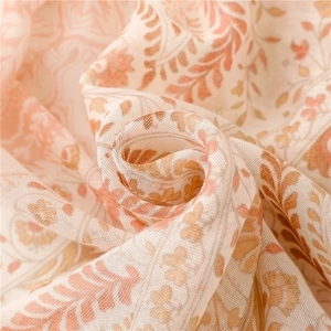Ethnic orange floral cotton-linen feel scarf with wheat patterns and tassels shawl