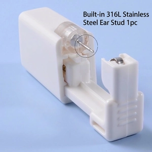 Disposable ear piercing tool with built-in 316L stainless steel stud shown in detail