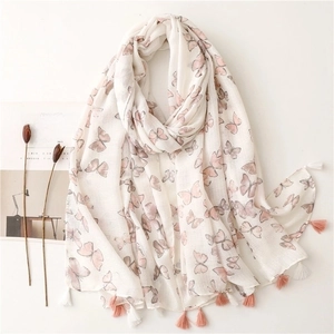 Women Butterfly Print Scarf With Gold Powder Glitter Tassels Lightweight Long Polyester Shawl Fashion Decorative Wrap