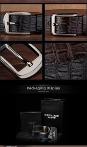 Detail of luxury men's leather belt with crocodile pattern and polished pin buckle
