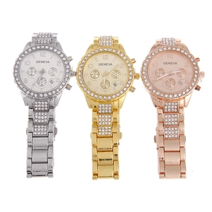 Detailed comparison of Geneva luxury watches in silver, gold, and rose gold with rhinestones