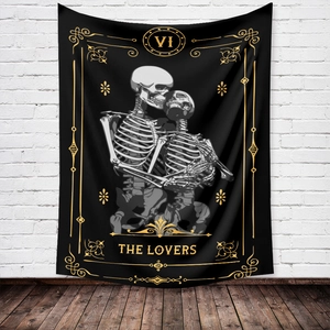 Bohemian black tarot lovers skeleton tapestry with gold and white bone patterns for wall decor