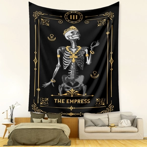 Bohemian Tarot Empress skull tapestry in black and gold for wall decoration