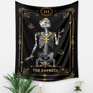 Detail of The Empress tarot skull tapestry with gold silk printing on a black wall hanging