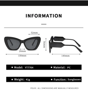 Detaillierte Größentabelle für schwarze Katzenaugen-Sonnenbrillen mit Maßen und PC-Material
