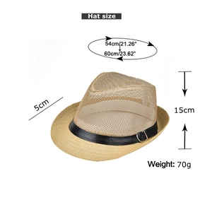 Close-up of summer fedora featuring hollow mesh crown for breathability and size details