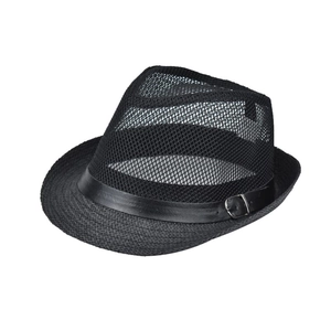 Classic black breathable mesh fedora sun hat with stylish leather band for men