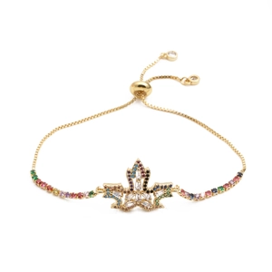 Adjustable gold maple leaf bracelet with colorful cubic zirconia for men and women