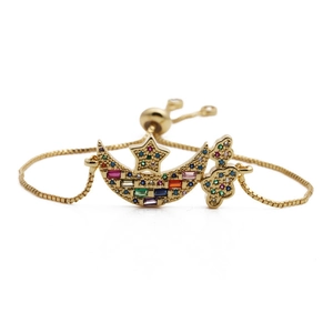 Adjustable gold chain bracelet with multicolor zircon moon, star and butterfly charms