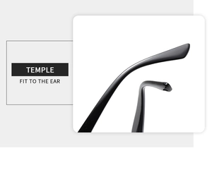 Detail view of ergonomic curved glasses temples designed for a comfortable fit to the ear