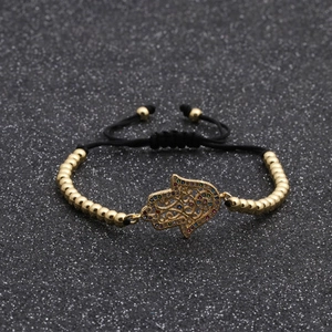 Bracelet ajustable Hamsa en corde noire avec finition dorée et zircons colorés