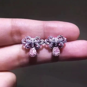 Bow Dangle Earrings Copper Base With Pink Waterdrop Zircon Sweet Elegant Style Women Jewelry