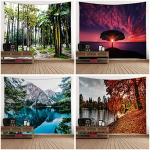 Detail of four nature landscapes printed on large polyester wall hanging tapestries