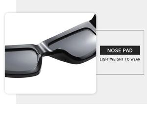 Close-up of smooth integrated nose pads on black thick frame sunglasses for comfort