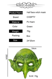 Detailed dimensions and specifications of the green PU foam half face witch mask