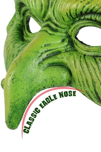 Detailed view of the classic eagle nose feature on a green latex witch mask