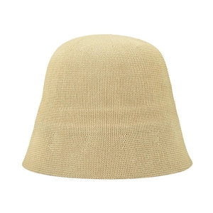 Detailed close-up of beige knitted bucket hat with a clean minimalist round top design