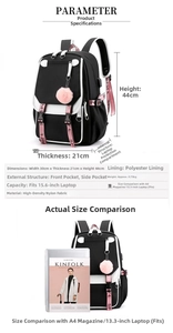 Detaillierte Größentabelle für Nylon-Rucksack mit Maßen und Kapazität für Laptops