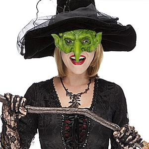 Green witch latex mask with pointed nose and ears for Halloween cosplay party costumes
