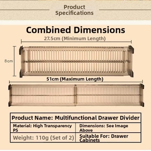 Detail view of adjustable drawer dividers with dimensions from 27.5cm to 51cm length