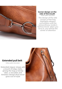 Detailansicht der braunen Vintage-Tote-Bag aus PU-Leder mit Metallring und langem Abzieher