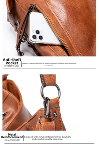 Braune Vintage-Tasche mit sicherem Anti-Diebstahl-Reißverschlussfach und Metallteilen