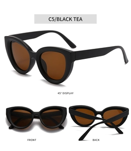 Three-way view of cat-eye sunglasses in black and tea lens with 45-degree angle