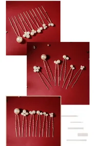 Detail of elegant pearl hair pins with silver U-shaped pins for secure styling