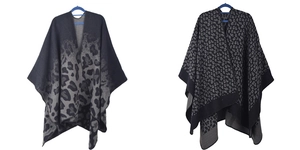 Detail view of leopard print knit ponchos showing textured fabric and edge stitching