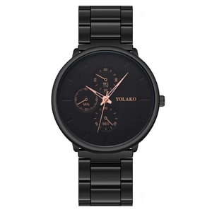Men's fashion quartz watch with black steel band and rose gold sub-dial accents