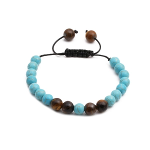 Adjustable braided bracelet with natural turquoise and tiger eye stone beads for couples
