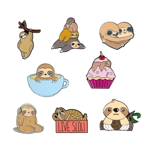 Set of 8 cute cartoon sloth enamel pins featuring creative poses and funny designs