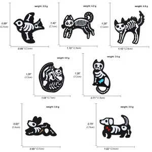 Size chart for 7 creative vintage X-ray animal skeleton enamel pins with dimensions