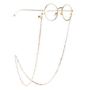 Golden round frame sunglasses with elegant 3:1 link metal anti-slip chain on white background
