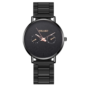 YOLAKO ultra-thin business watch for men with black steel strap and rose gold accents