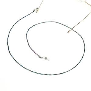 Colorful beaded sunglass chain with anti-slip rubber loops on a white background