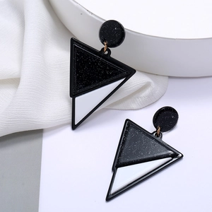 Fashion acrylic geometric earrings with black glitter and white resin color block design