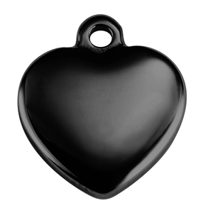Macro shot of a 14mm black heart pendant charm with a polished metallic finish