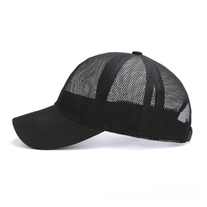 Close-up of breathable black mesh material on a lightweight outdoor baseball cap
