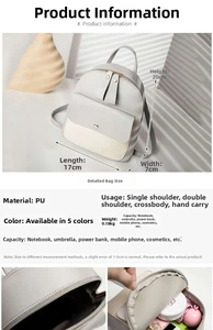 Detailed size specifications and storage capacity of the two-tone mini PU backpack