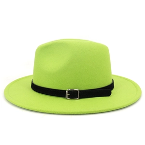 Detail of neon green wool fedora hat featuring a black belt with silver metallic buckle