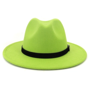 Detail view of neon green wool fedora hat featuring a stylish black decorative buckle strap