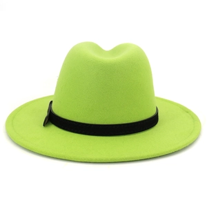 Detail shot of the neon green wool fedora with a black band and metallic buckle accent