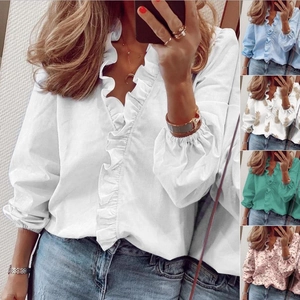 Camicetta da Donna Casual con Colletto a Volant e Manica a Lanterna in Poliestere Stampata Tinta Unita Pullover Top Moda